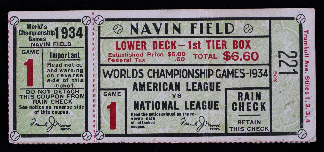 1934 Detroit Tigers St. Louis Cardinals Navin Field World Series Game 1 Ticket Stub