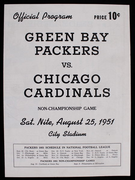 1951 Green Bay Packers Chicago Cardinals City Stadium Exhibition Game Program (Pepper Burruss Collection)