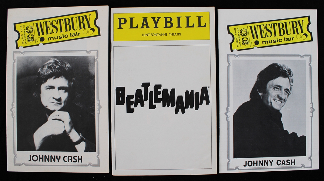 1979-82 Beatlemania Playbill & Johnny Cash Westbury Music Fair Programs - Lot of 3