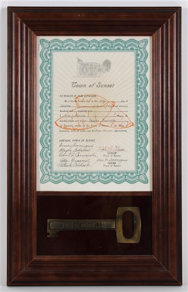1986 Pepper Burruss Sunset Louisiana 12" x 19" Framed Honorary Citizen Display w/ Key To City (Pepper Burruss Collection)