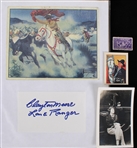 1930s-1960s Clayton Moore Signed Index Card Amelia Earhardt 3x4 B&W Photo and More (Lot of 5)(JSA)