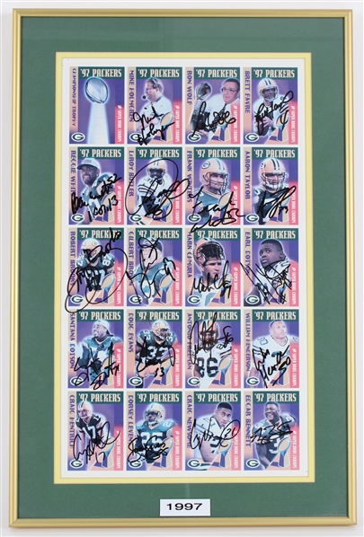 1997 Mike Holmgren, Brett Favre, Reggie White & more GB Packers Signed 15x23 Framed Uncut Card Sheet (JSA / Pepper Burruss Collection)