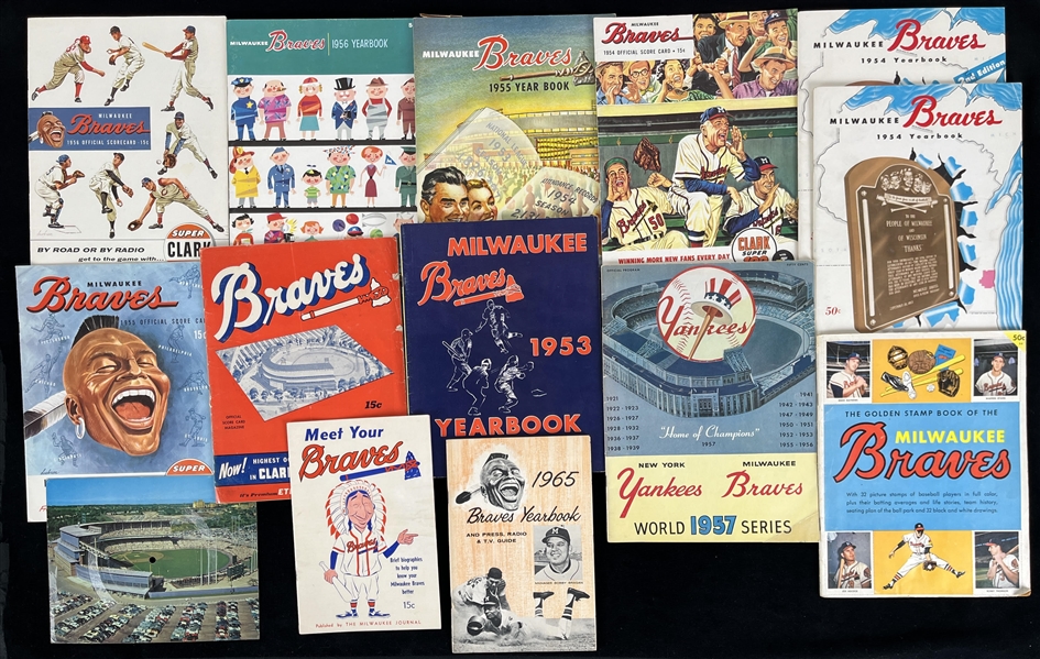 1953-65 Milwaukee Braves Yearbooks & Scorecards Collection - Lot of 35 w/ World Series Programs, All Star Game Program & More