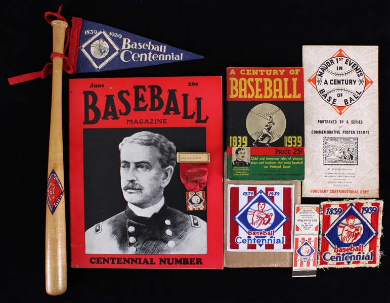 1939 Baseball Centennial Celebration Memorabilia Collection - Lot of 8 w/ Uniform Patch, Mini Bat w/ Pennant, Press Medal w/ Ribbon & More