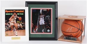 2010s Milwaukee Bucks Signed Items - Lot of 3 w/ Andrew Bogut ONBA Stern Basketball, Brandon Jennings 13" x 16" Framed Photo & Terry Cummings 10.5" x 14" Matted SI Cover (JSA)