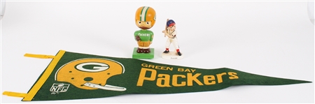 1950s-60s Green Bay Packers Milwaukee Braves Memorabilia Collection - Lot of 3 w/ Full Size 30" Pennant, 6.5" Vintage Green Base Nodder & 5" Braves Ceramic Figure (cracked and repaired)