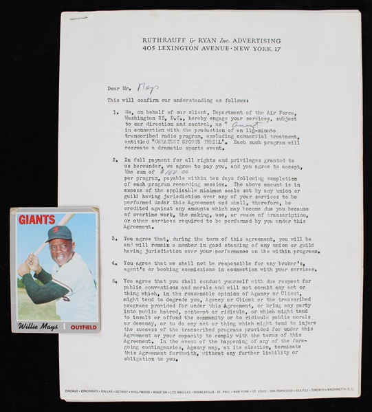 1955 Willie Mays (d.2024) New York Giants Signed "Greatest Sports Thrill" Radio Program Contract  (JSA)