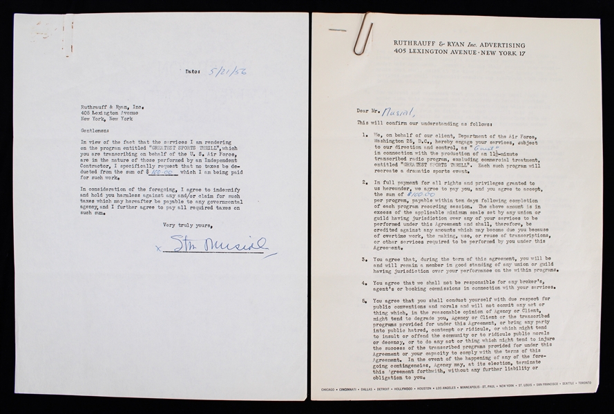 1956 Stan Musial (d.2013) St. Louis Cardinals Signed "Greatest Sports Thrill" Radio Program Contract (JSA)