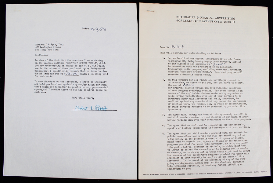 1956 Robert "Bob" Pettit Milwaukee St. Louis Hawks Signed "Greatest Sports Thrill" Radio Program Contract (JSA)