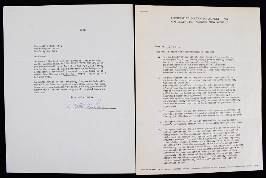 1956 Otto Graham Cleveland Browns Signed "Greatest Sports Thrill" Radio Program Contract (JSA)