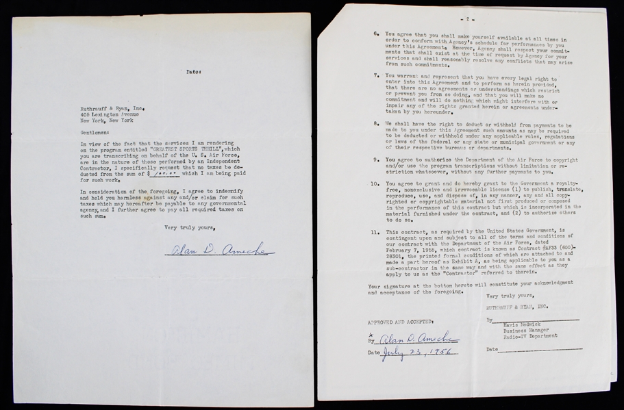 1956 Alan Ameche Baltimore Colts Signed "Greatest Sports Thrill" Radio Program Contract (JSA)