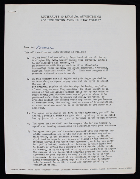 1955 Jack Kramer Professional Tennis Player Signed "Greatest Sports Thrill" Radio Program Contract (JSA)