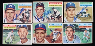 1956 Milwaukee Braves Signed Topps Baseball Trading Cards - Lot of 6 w/ Eddie Mathews, Gene Conley, Bill Bruton, Lew Burdette & More (JSA)