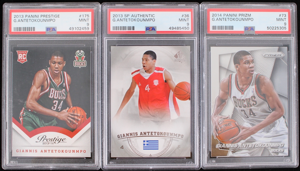2013-14 Giannis Antetokounmpo Milwaukee Bucks Basketball Trading Cards - Lot of 3 (PSA Slabbed Mint 9)