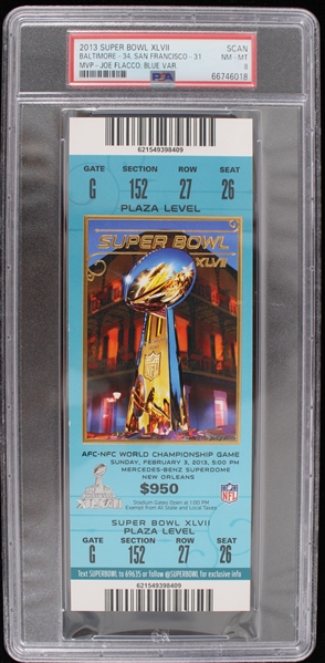 2013 Baltimore Ravens San Francisco 49ers Super Bowl XLVII Mercedes Benz Superdome Full Ticket (PSA Slabbed Scan NM-MT 8) 