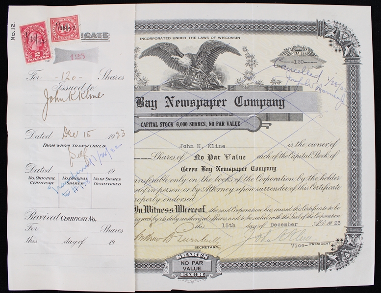 1923 Green Bay Newspaper Company Stock Certificate Signed by First Green Bay Packers Team President Andrew B. Turnbull (JSA)