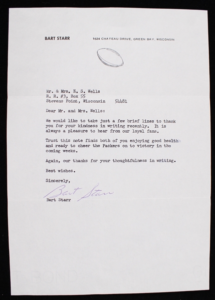 1960s Bart Starr Green Bay Packers Signed Correspondence on Personal Letterhead (JSA)