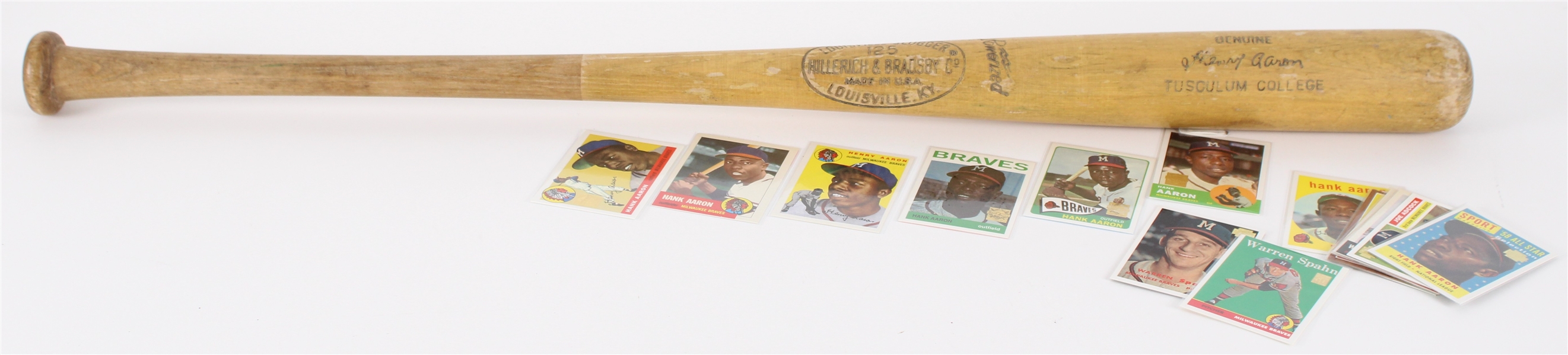 1950s-90s Hank Aaron Milwaukee Braves Tusculum College H&B Louisville Slugger Bat + (16) Reprint Trading Cards