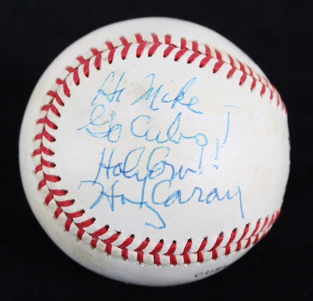 1989-90 Harry Caray Chicago Cubs Signed & Inscribed ONL White Baseball (JSA)