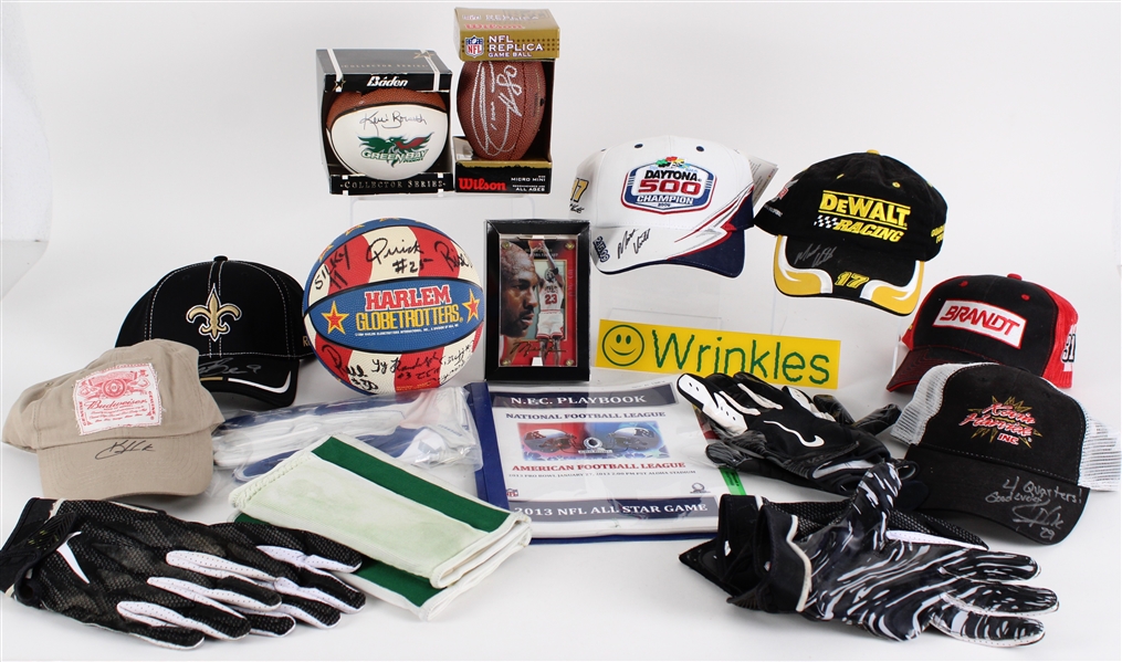 2000s-10s Football Basketball Auto Racing Memorabilia - Lot of 18 w/ Signed Items, Receiver Gloves, Pro Bowl Playbook & More (MEARS LOA / Pepper Burruss Collection)