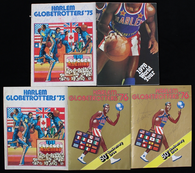 1975-78 Harlem Globetrotters Game Programs - Lot of 5 w/ 2 Multi Signed (JSA)