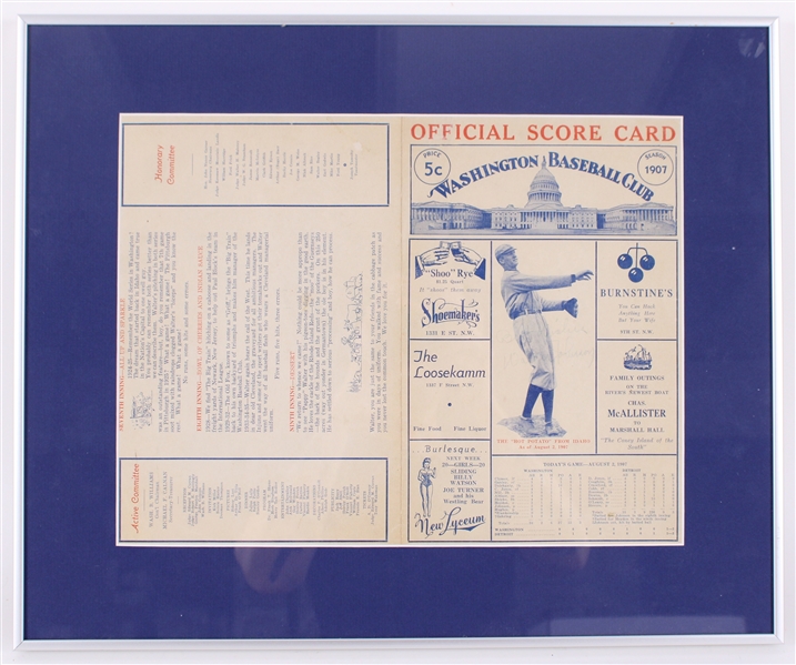 1907 Walter Johnson Washington Nationals Signed 16" x 19" Framed Score Card (JSA) Rookie Season (Old Timer Event Program)