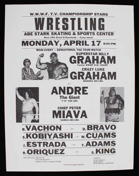 1980s Wrestling 8"x10" B&W Flyer featuring Andre The Giant vs Chief Peter Miava
