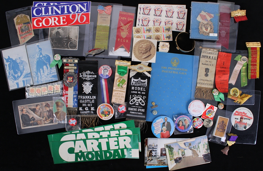 1910s-90s Assorted Americana Collection - Lot of 75 w/ Pinbacks, Ribbons, Postcards, Bumper Stickers, Pizza Hut Basketball Classic Game Disc & More