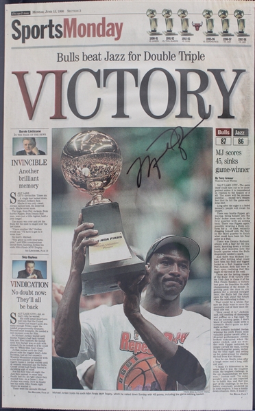 1998 (June 15) Michael Jordan Chicago Bulls Signed Chicago Tribune Sports Monday Second Three-peat Newspaper Page (Full JSA Letter)