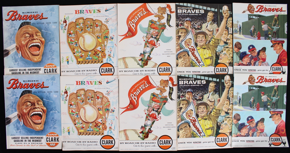 1955-60 Milwaukee Braves Milwaukee County Stadium Scored Game Programs - Lot of 10 w/ Multiple HOF Home Runs Games