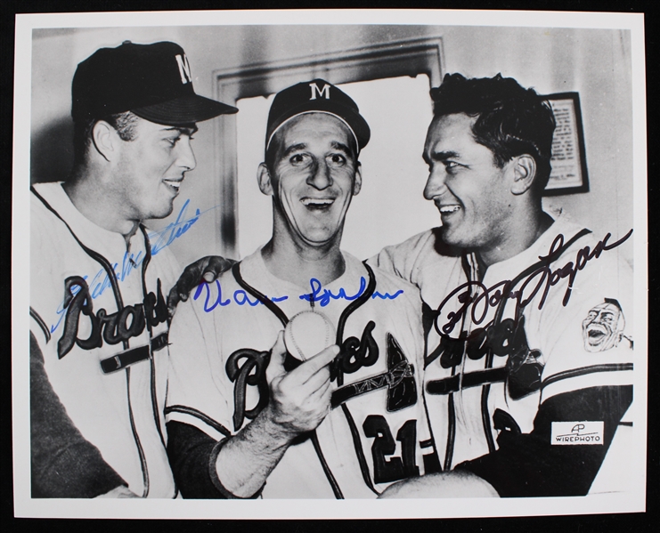 1990s Eddie Mathews Warren Spahn Johnny Logan Milwaukee Braves Signed Photo (JSA)