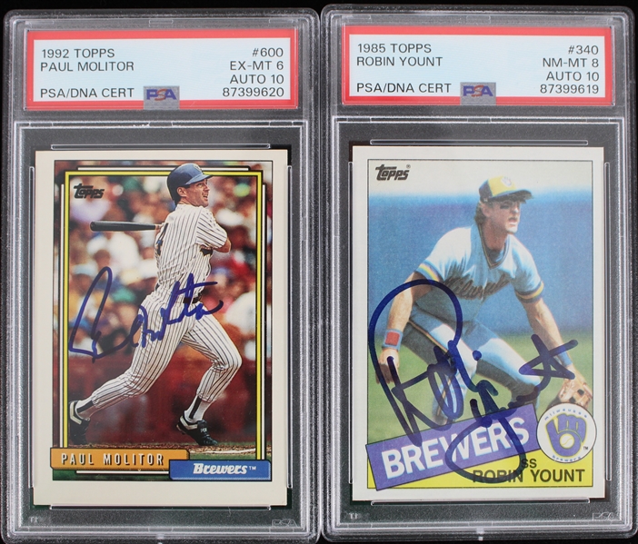 1985-92 Robin Yount Paul Molitor Milwaukee Brewers Signed Topps Baseball Trading Cards - Lot of 2 (PSA Slabbed AUTO 10)