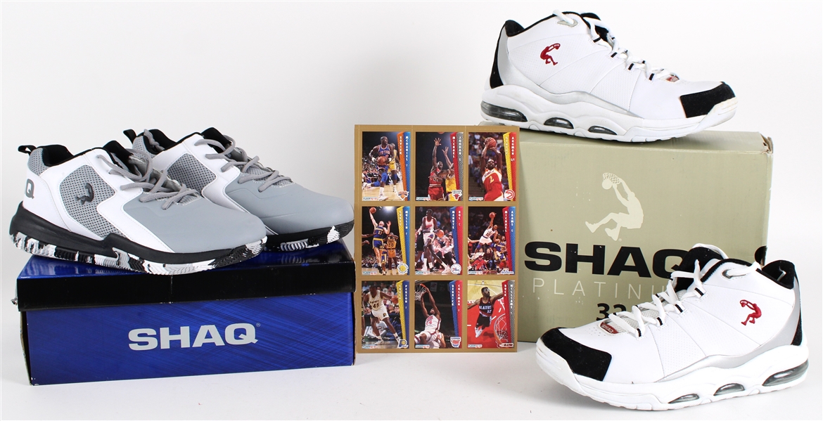 1990s-2000s Basketball Memorabilia Collection - Lot of 3 w/ Two Pairs of MIB Shaq Sneakers & Uncut 92-93 Fleer Trading Card Sheet