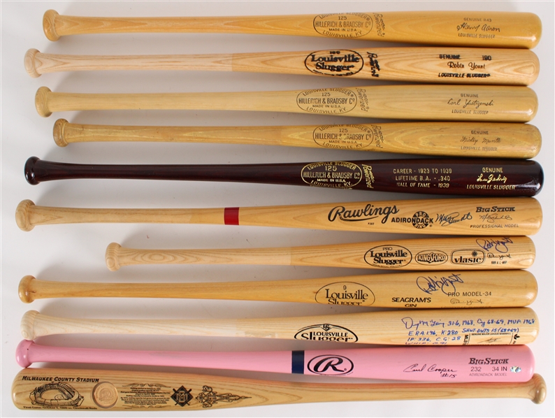 1970s-2000s Baseball Bat Collection - Lot of  11 w/ 5 Signed Including Denny McLain, Mike Schmidt, Robin Yount & More (JSA)