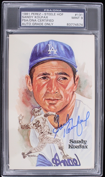 1981 Sandy Koufax Los Angeles Dodgers Autographed Perez-Steele HOF Postcard (PSA Slabbed)