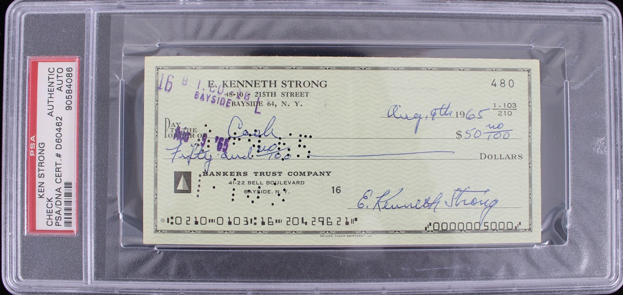 1933-35 Elmer Kenneth Strong (d.1979) New York Giants Signed Check (PSA Slabbed)