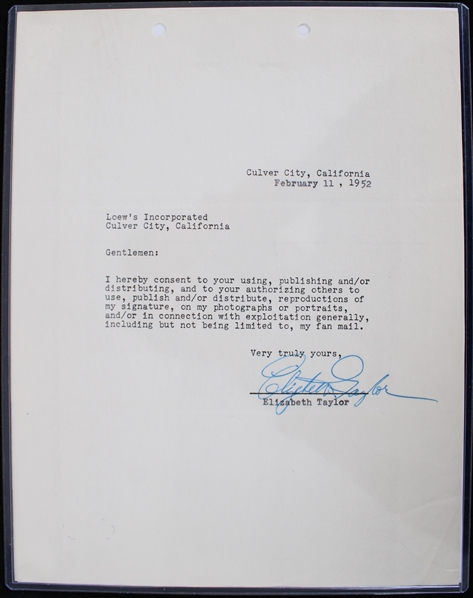 1952 Elizabeth Taylor (d.2011) Signed Loews Incorporated Contract *JSA* 