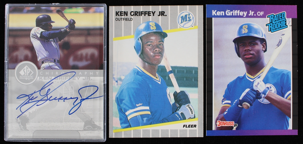 1989-99 Ken Griffey Jr. Seattle Mariners Donruss and Fleer Rookie Cards and an Autographed Upper Deck Sp Authentic Trading Card (Lot of 3)