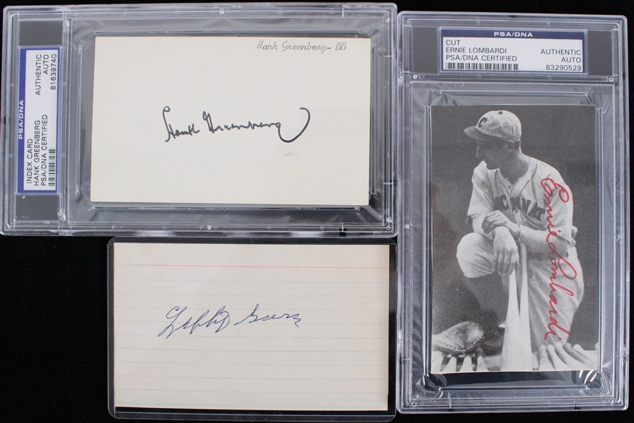 1930s Lefty Gomez Yankees, Hank Greenberg, and Ernie Lombardi Signed Cuts and Index Cards (PSA Slabbed) *JSA* (Lot of 3)