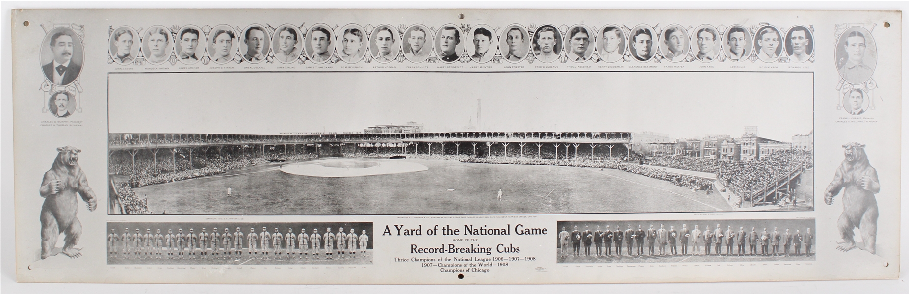 1908 Chicago Cubs A Yard of the National Game 12" x 40" Wrigley Field & Team Photo Display
