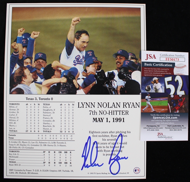 1991 Nolan Ryan Texas Rangers Autographed 8"x10" 7th No-Hitter Color Photo *JSA*