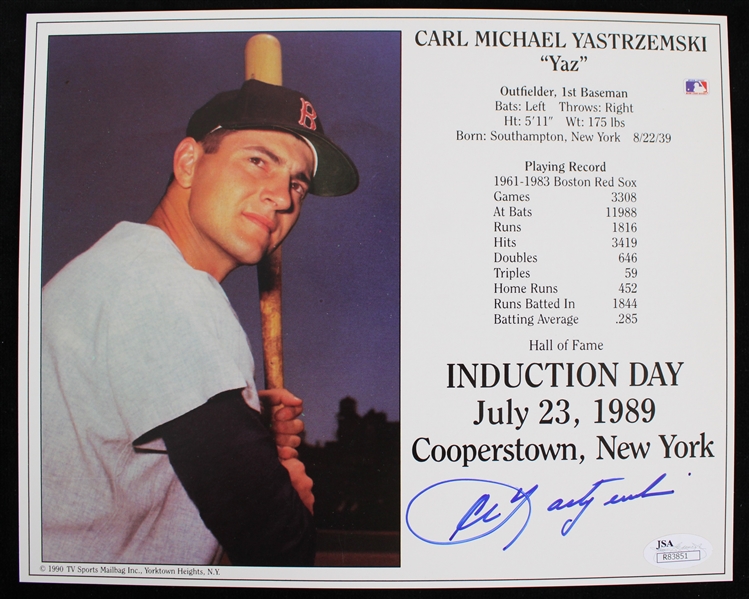 1990 Carl Yastrzemski Boston Red Sox Autographed 8"x10" HOF Induction Day Color Photo *JSA*