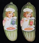 1900s Heinz Advertising 5" Pickle Shaped Card with Girl on Back (Lot of 2)