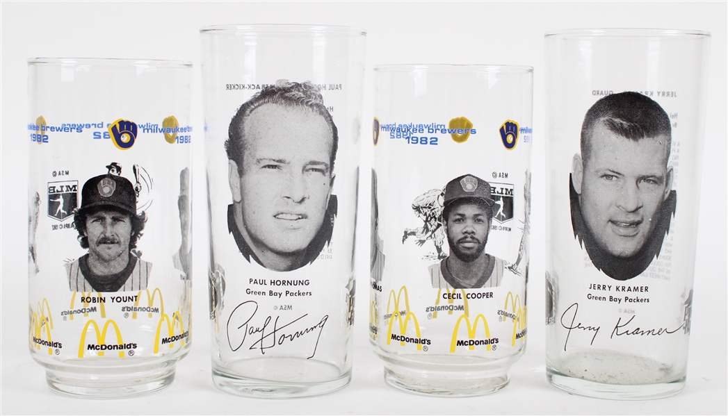1970s-80s Green Bay Packers Pizza Hut & Milwaukee Brewers McDonalds Drinking Glasses - Lot of 4 w/ Paul Hornung, Jerry Kramer, Yount/Oglivie & Cooper/Thomas