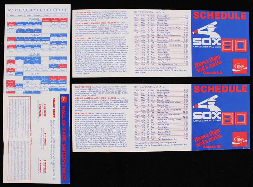 1980 Chicago White Sox Pocket Schedule with Coca Cola Hall of Fame Sweepstakes Entry (Unfolded) (Lot of 3)