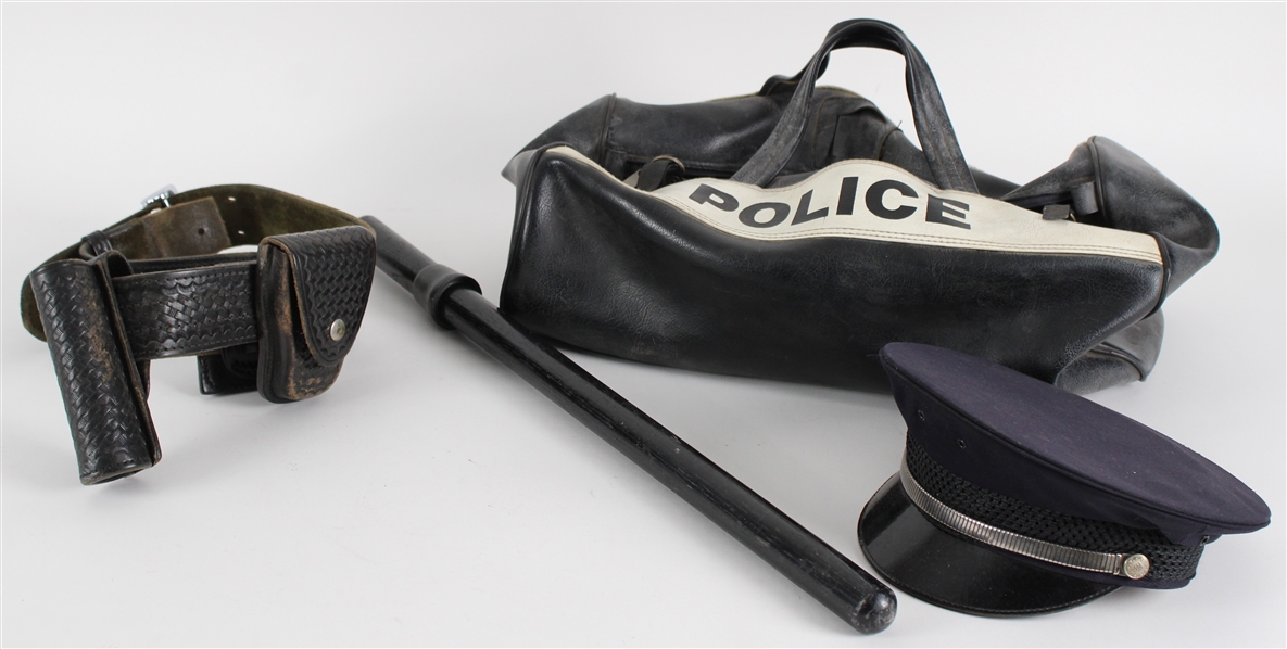 1960s-70s Vintage Police Memorabilia Collection - Lot of 4 w/ Bag, Billy Club, Hat & Belt