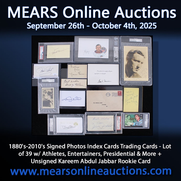 1880s-2010s Signed Photos Index Cards Trading Cards - Lot of 39 w/ Athletes, Entertainers, Presidential & More + Unsigned Kareem Abdul Jabbar Rookie Card