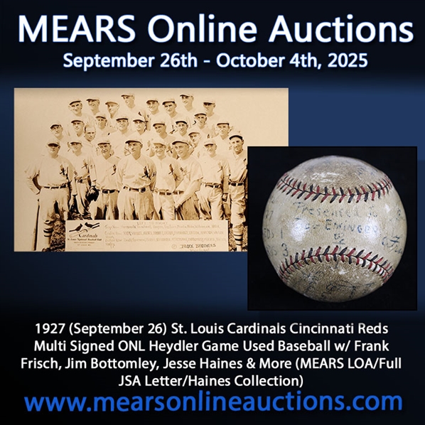 1927 (September 26) St. Louis Cardinals Cincinnati Reds Multi Signed ONL Heydler Game Used Baseball w/ Frank Frisch, Jim Bottomley, Jesse Haines & More (MEARS LOA/Full JSA Letter/Haines Collection)