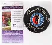 2010s Bobby Hull Brett Hull Dual Signed Hockey Hall of Fame Hockey Puck *JSA*