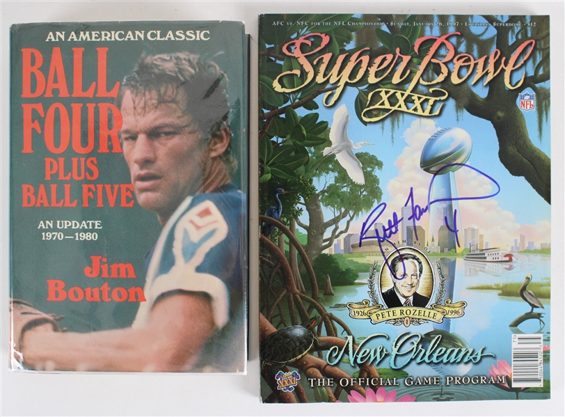 1981-97 Jim Bouton Signed Ball Four Plus Ball Five Hardcover Book & Brett Favre Signed Super Bowl XXXI Program (JSA)